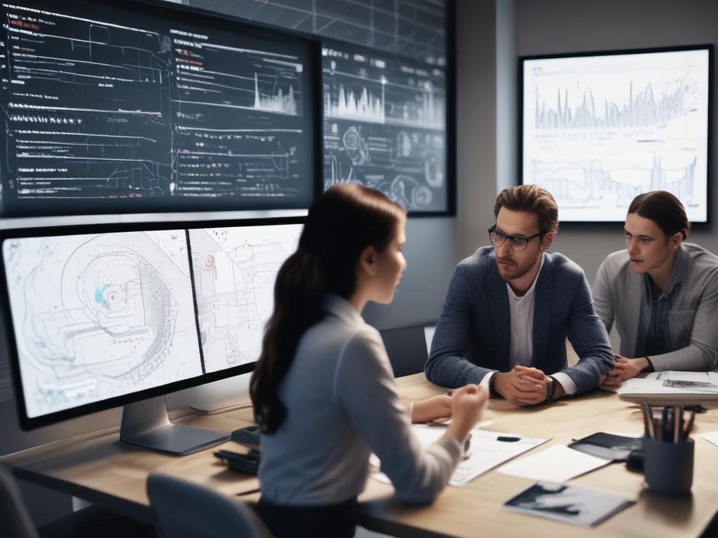 A close-up shot of a diverse team of professionals engaged in a collaborative brainstorming session, surrounded by digital screens displaying AI analytics and process flow diagrams. The setting is modern and bright, with a focus on teamwork and innovation. The background is blurred to emphasize the team's interaction, and the overall color palette aligns with rgb(4, 104, 120). The image should convey a sense of dynamic energy and forward-thinking.