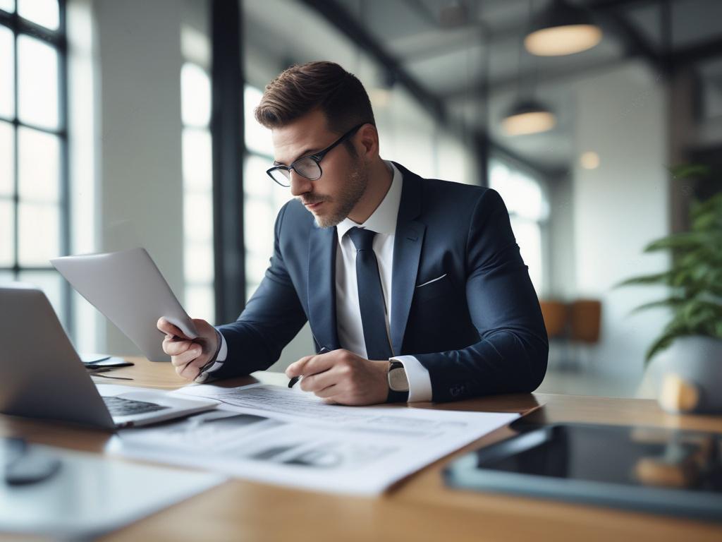 A close-up shot of a confident business consultant engaging with a client in a modern office setting. The consultant is reviewing a sales report on a digital tablet, with charts and graphs visible. The background features a stylish office space with professional decor, conveying a sense of success and collaboration. The lighting is bright and inviting, emphasizing the proactive nature of the interaction. The photo should be high-resolution, shot with a 45mm f/1.2 lens style, compatible with the rgb(4, 104, 