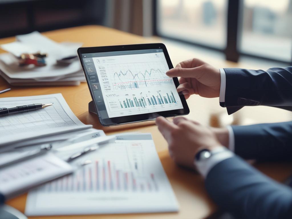 A close-up shot of a confident business consultant reviewing sales data on a tablet, with charts and graphs visible. The background is a modern office setting with soft natural light filtering through large windows, creating a warm and inviting atmosphere. The consultant is dressed in professional attire, showcasing a sense of expertise and authority. The primary color rgb(4, 104, 120) is subtly integrated into the office decor.