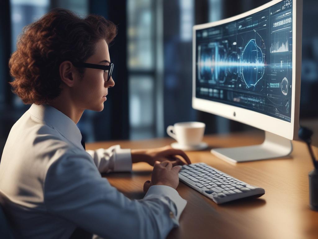 A close-up shot of a business professional interacting with a sophisticated AI interface on a sleek computer screen. The professional is focused and engaged, demonstrating the use of AI technology in a modern office environment. The background is softly blurred to emphasize the subject, using a color palette that complements the rgb(4, 104, 120) primary color.