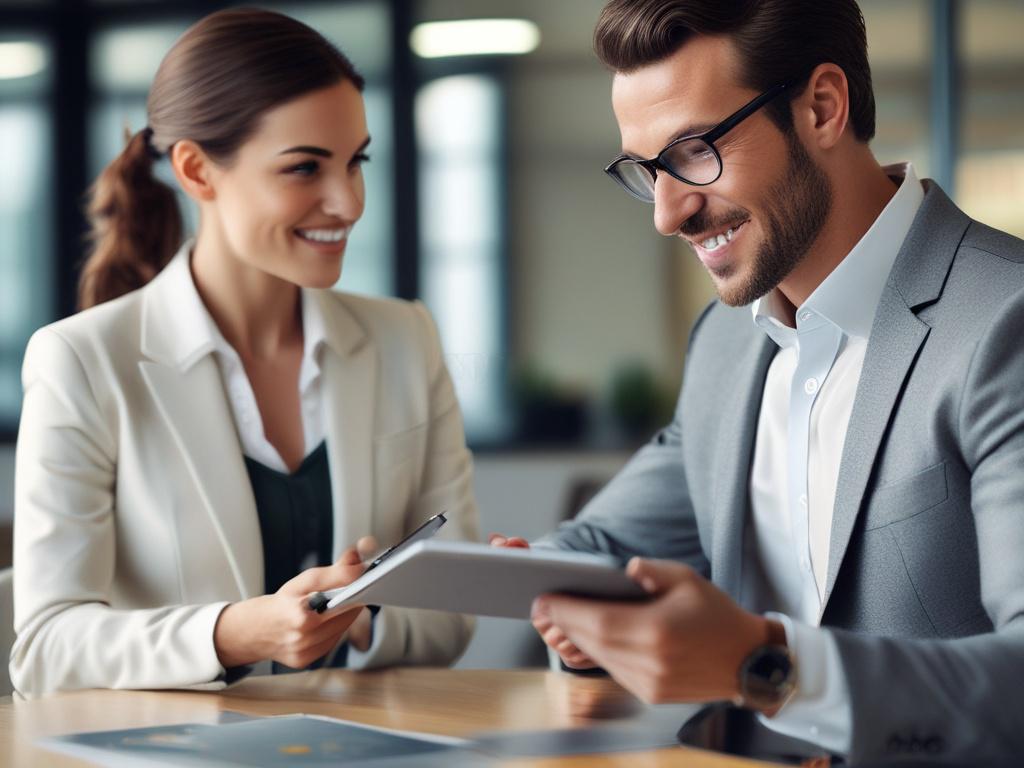 A close-up shot of a confident business consultant engaged in a dynamic discussion with a client in a modern office setting. The consultant is holding a tablet displaying sales data while the client is attentively listening. The background features a sleek, minimalistic office space with large windows allowing natural light to flood in, enhancing the professional atmosphere. The composition should be simple and clear, focusing on the interaction between the consultant and the client, capturing the essence o
