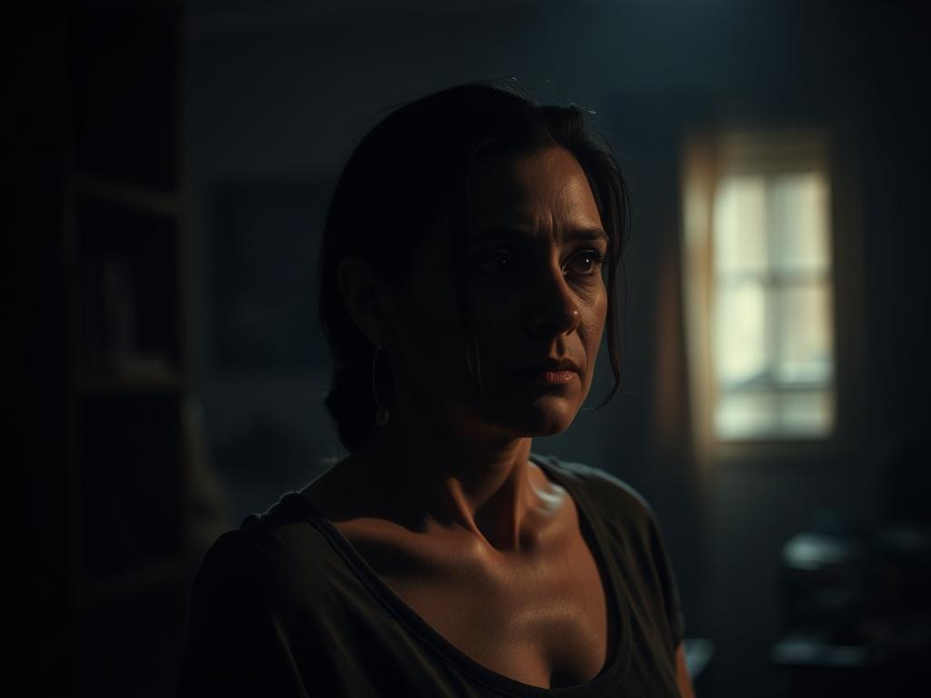 Create a realistic high-resolution photo that embodies the title "The Journey of a Felon’s Wife." The composition should feature a single subject: a woman in her mid-30s with a contemplative expression, standing alone in a dimly lit room. Her face should convey a mix of strength and vulnerability, embodying the emotional rollercoaster experienced by a felon’s wife. 

The background should be softly blurred to keep the focus on the subject, yet it should provide context—perhaps hinting at a home environment 