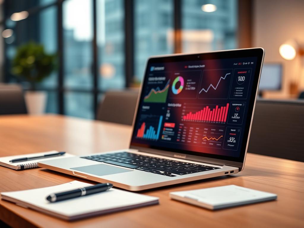 A close-up shot of a modern office desk showcasing a laptop displaying AI analytics dashboard, with a notepad and pen beside it. The background is softly blurred, emphasizing the laptop's screen filled with graphs and customer success metrics. The overall tone is professional and inviting, with warm lighting that enhances the focus on the tech.