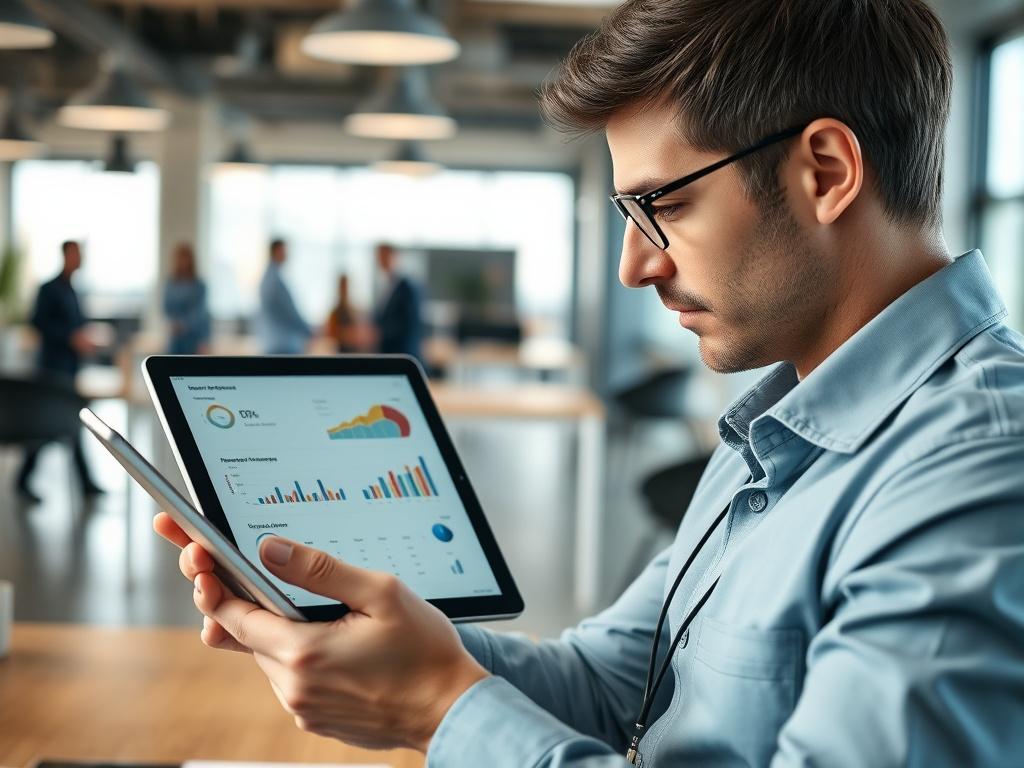 A close-up of a business analyst reviewing customer feedback reports on a tablet, with charts and graphs displayed. The surrounding environment is an open office space, emphasizing a collaborative atmosphere. The analyst appears focused and determined, symbolizing the quest for improvement.