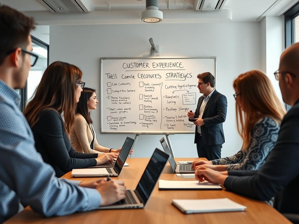 A dynamic workshop scene featuring a group of professionals engaged in a discussion around a whiteboard filled with customer experience strategies. The room is well-lit and modern, promoting an atmosphere of collaboration and learning. Participants appear focused and engaged, with laptops and notepads in front of them.