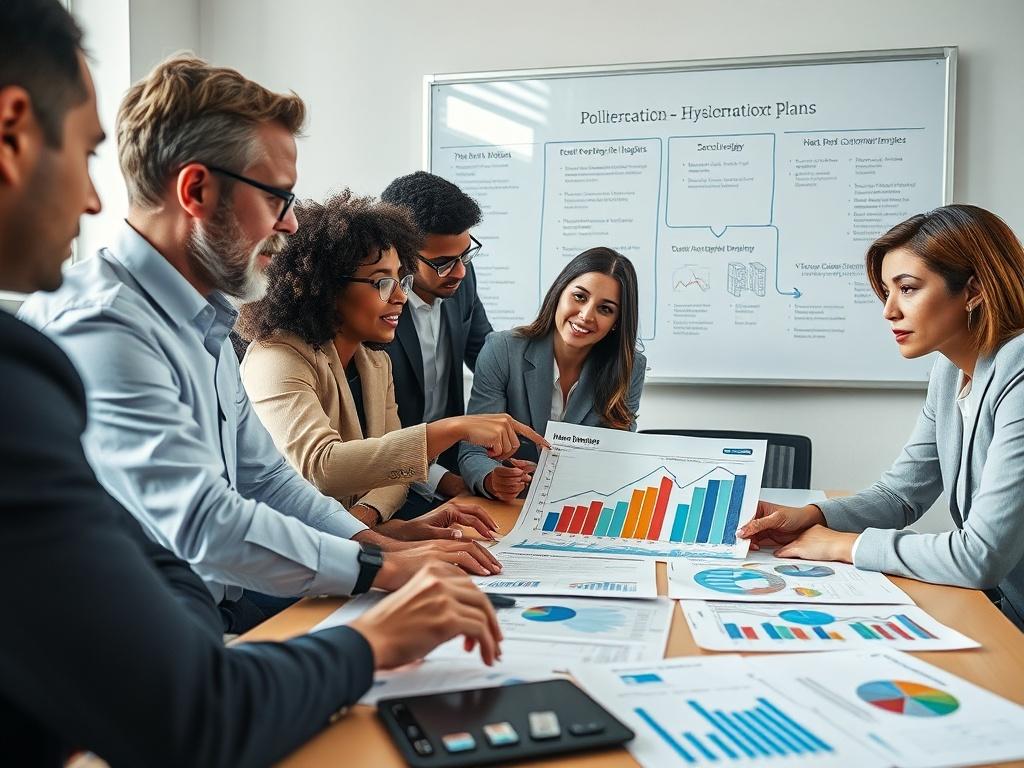A diverse group of business professionals in a meeting room collaborating over a table filled with charts and reports. One individual is pointing at a chart that illustrates next best actions derived from customer insights. The background features a whiteboard with strategic plans outlined. The atmosphere is dynamic and focused, showcasing teamwork and innovation.
