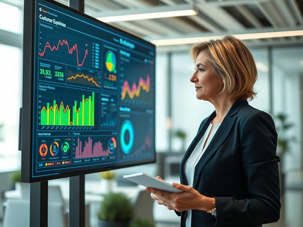A focused business professional analyzing customer experience data on a large screen in a modern office environment. The screen displays colorful graphs and metrics related to customer signals. The professional, a middle-aged woman in business attire, is taking notes while looking intently at the screen. The background is a sleek office space with minimalistic decor, emphasizing a productive atmosphere.