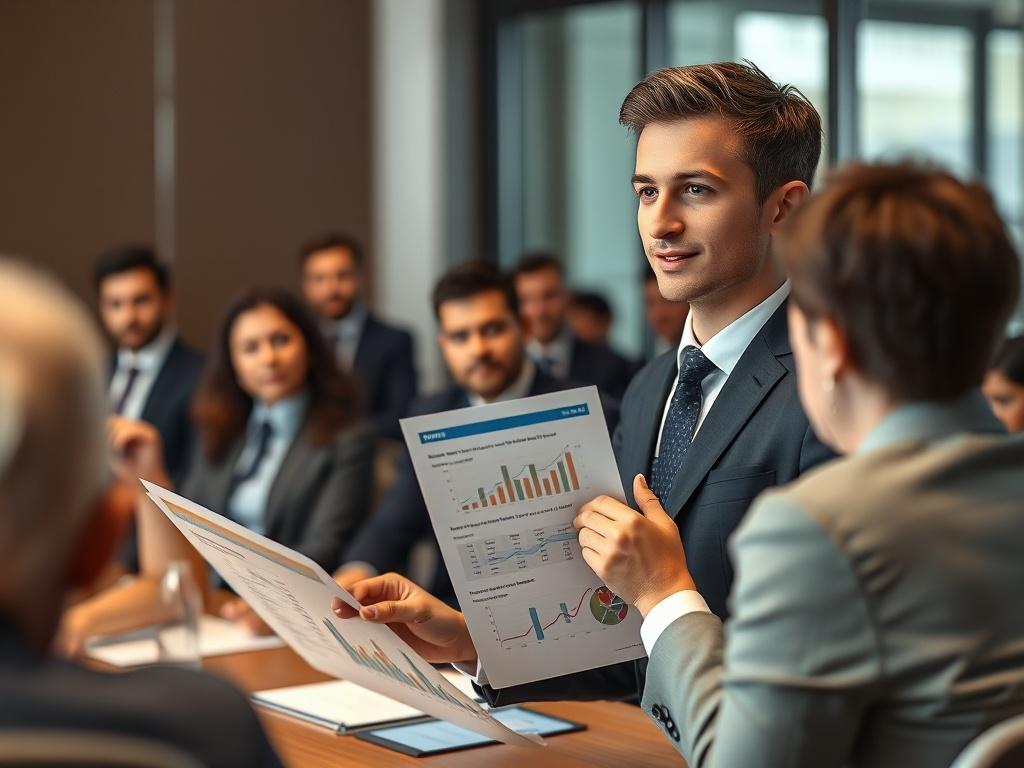 A business executive presenting a polished report to a boardroom filled with attentive stakeholders. The report displays key performance metrics and outcomes from customer actions. The setting is formal, highlighting professionalism and strategic planning. The executive, a young man in a suit, is confidently engaging the audience.