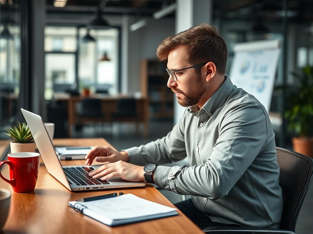 Create a realistic high-resolution photo that visually represents the blog titled "e-Regency Advisory AI & CX Overview." The image should feature a single subject: a thoughtful and engaged SaaS founder sitting at a modern desk, intently reviewing data and reports related to customer experience and AI strategies on a sleek laptop. 

Focus on capturing the professional yet inviting atmosphere of a contemporary office. The background should be softly blurred to ensure the subject remains the focal point, with 