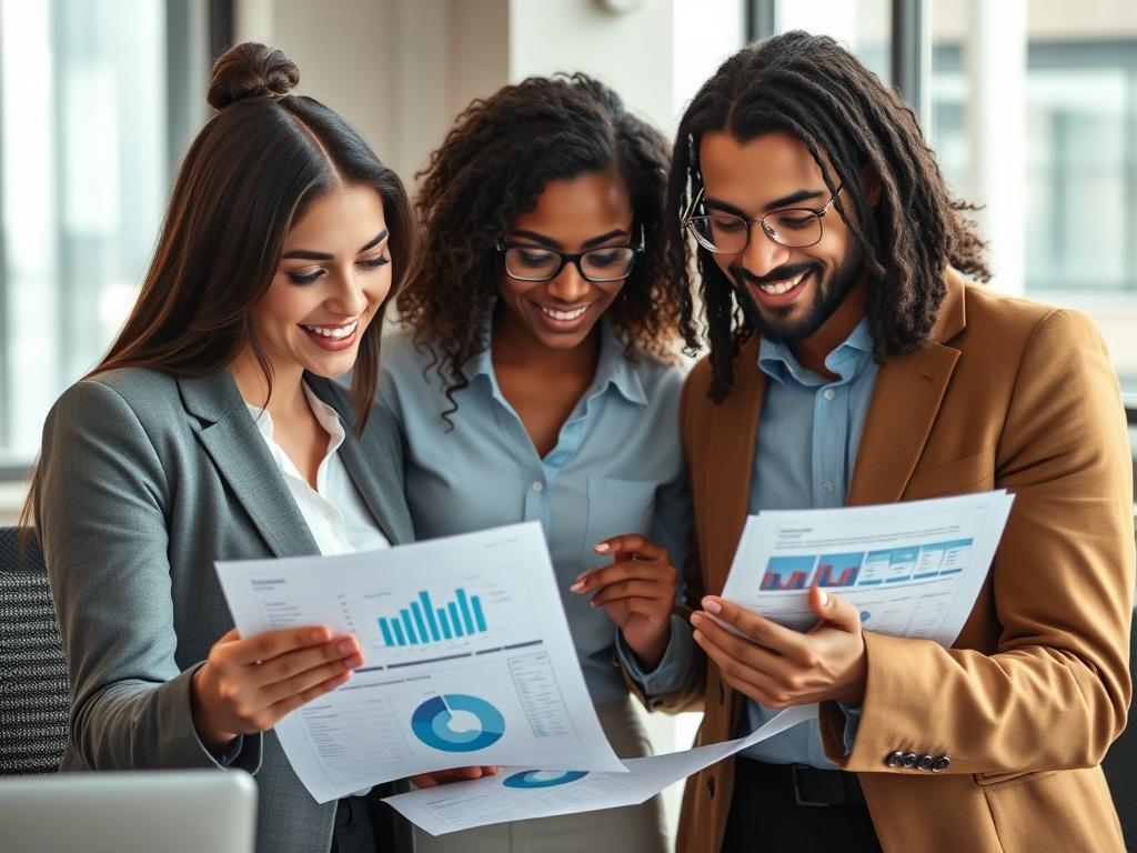 A close-up image of a professional, diverse team reviewing AI-powered business reports in a modern office space, highlighting collaboration and strategic planning. The image should have a hyper-realistic style, captured with a 45mm f/1.2 lens, showcasing clear documentation and digital dashboards, with a focus on engagement and actionable insights.