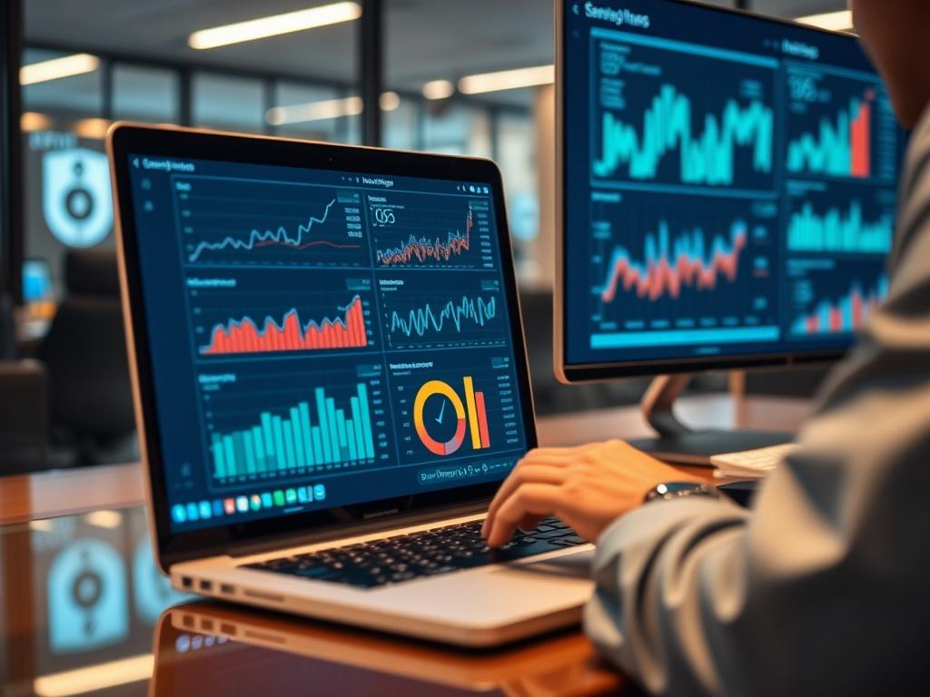 A hyper-realistic close-up of a data analyst working on a laptop, surrounded by digital analytics dashboards displaying customer insights and metrics in a sleek office environment. The focus should be on the screen's data, conveying a sense of professionalism and analytical depth.