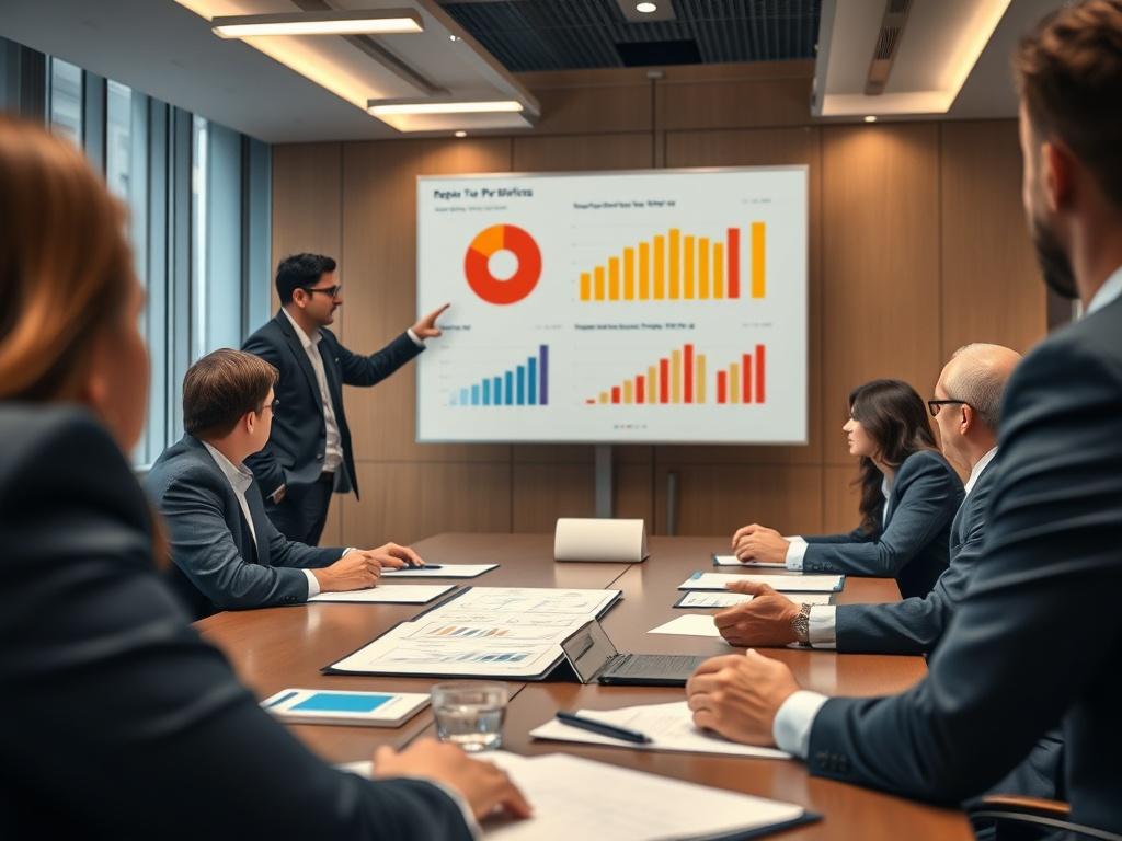 A close-up shot of a professional presenting a well-structured report to a boardroom, with visual aids highlighting key performance metrics. The image should be hyper-realistic, showcasing engagement and professionalism, captured with a 45mm f/1.2 lens.