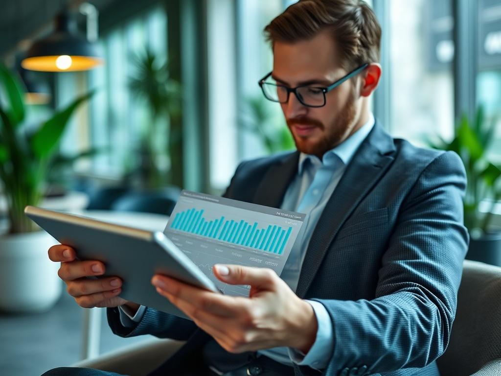 A focused image of a business professional reviewing customer feedback reports on a tablet, with AI analytics visible on the screen, set in a modern workspace with a calming green ambiance.