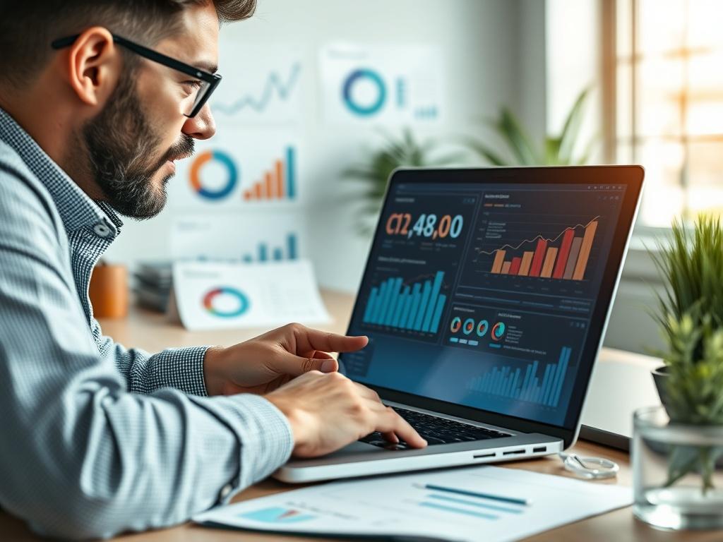 A close-up shot of a business founder analyzing data on a modern laptop, surrounded by charts and graphs reflecting customer experience insights, in a clean, green-themed office space.