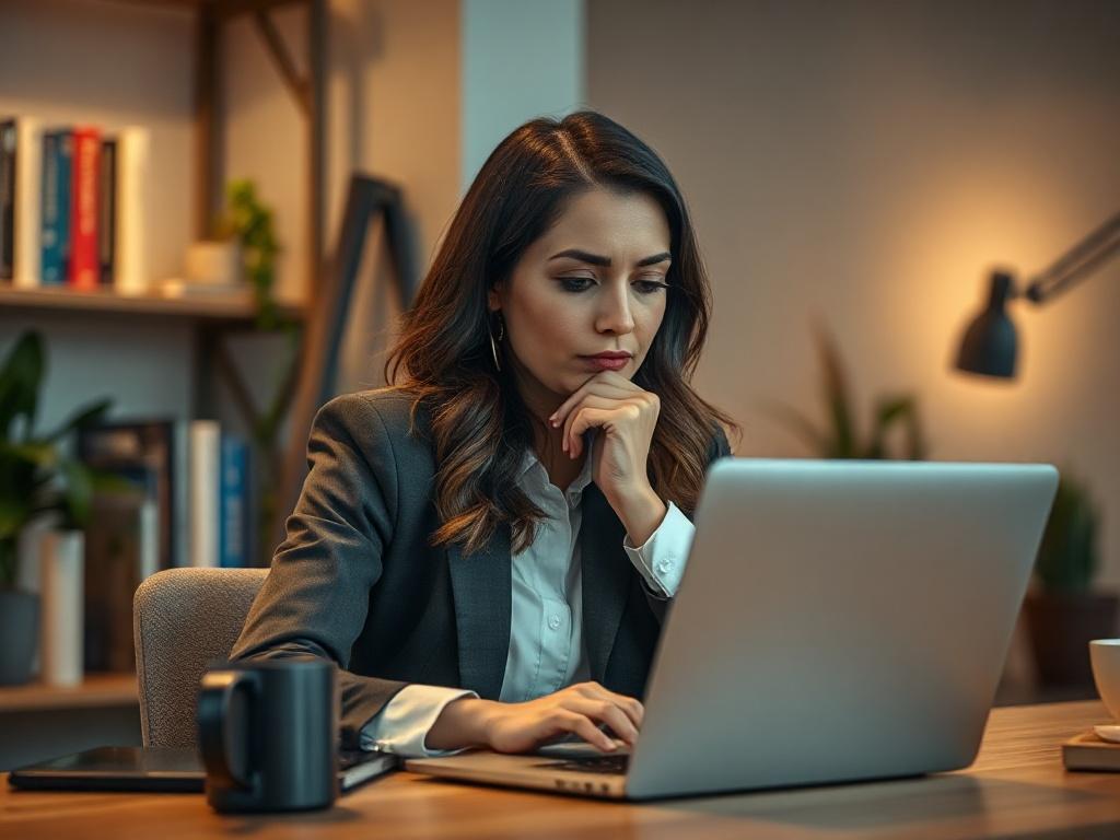 Create a realistic high-resolution photo that captures the essence of customer experience in SaaS, with a focus on enhancing it through AI. The image features a single subject: a thoughtful businesswoman in her mid-30s, sitting at a modern workspace, deeply engaged with her laptop. She is wearing a smart casual outfit, conveying professionalism and approachability. 

The background is a softly blurred office environment with warm lighting, featuring elements like a bookshelf filled with tech-related books, 