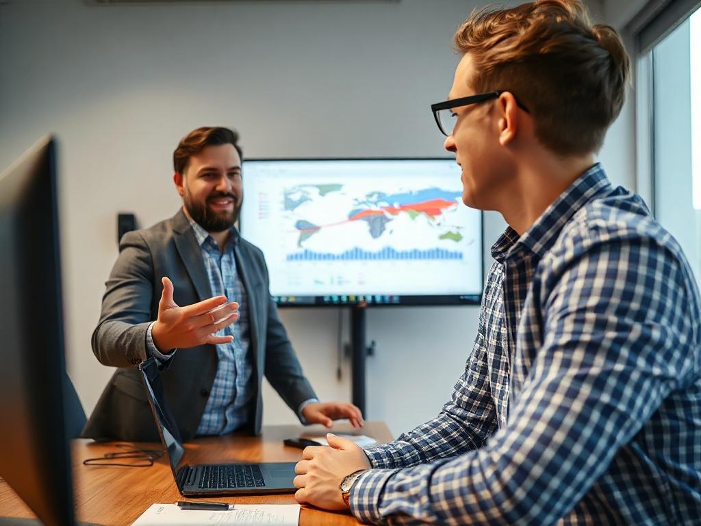 A close-up shot of a business analyst presenting data insights to a SaaS founder in a professional meeting room. The analyst is gesturing towards a data visualization on a screen, while the founder appears engaged and interested. The background features a clean and modern meeting space, illustrating a focus on analytics.