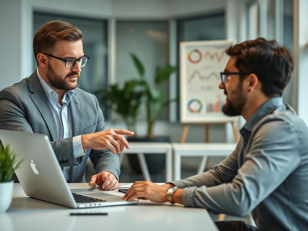 A close-up shot of a business consultant discussing AI strategy with a SaaS founder in a modern office setting. The consultant is pointing at a laptop screen displaying data analytics, while the founder looks engaged and focused. The background is a clean, professional office with minimal distractions, emphasizing a collaborative atmosphere.