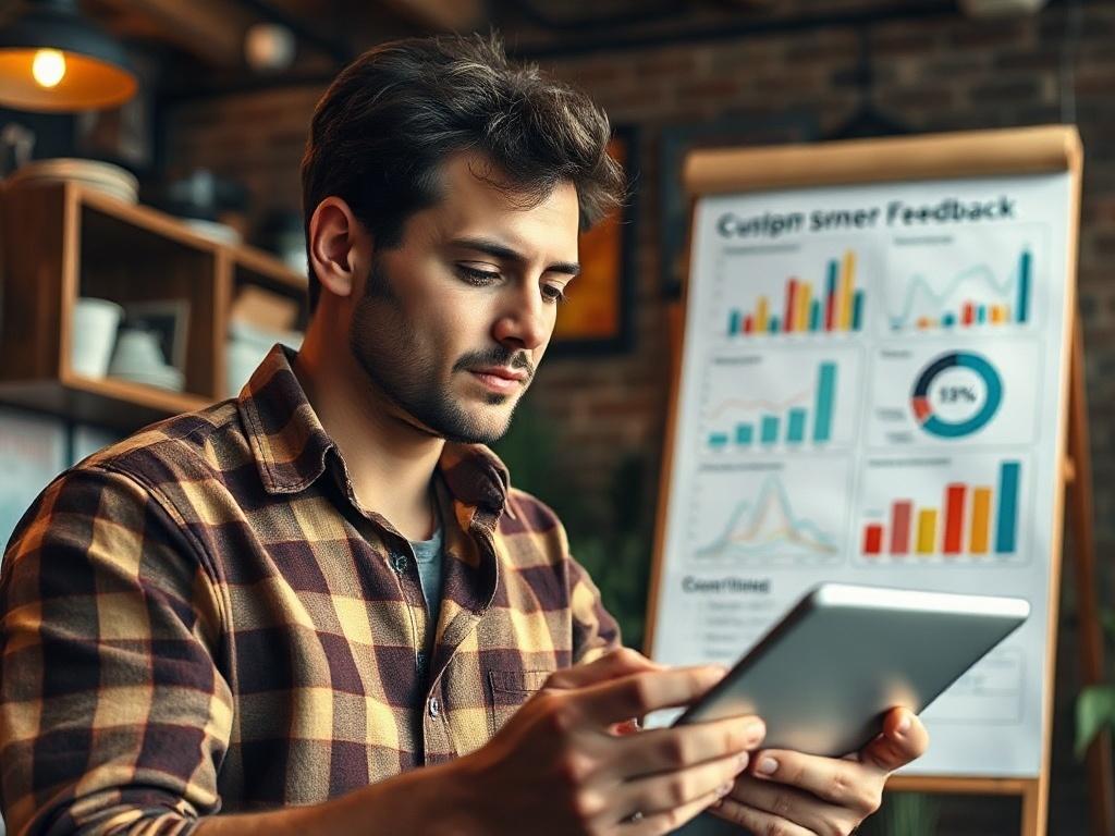 A close-up shot of a SaaS founder reviewing customer feedback on a tablet in a cozy office setting. The founder looks contemplative and inspired, surrounded by charts and graphs on a whiteboard in the background. The atmosphere is warm and inviting, showcasing a focus on customer-centric strategies.