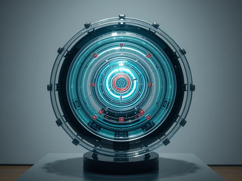 Governed AI capability represented by a luminous core, transparent rings, and control points.