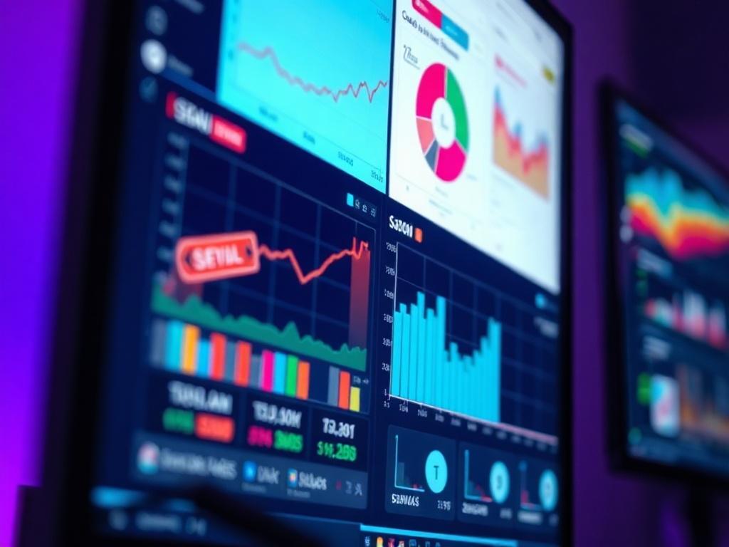 A hyper-realistic close-up of a computer monitor showcasing the Signal Intelligence tool interface. The screen displays colorful visualizations of customer signals and data analytics. The background is a soft gradient of purple and navy, emphasizing the tool's sophistication. The monitor is centered in the frame, presenting a clear view of the actionable insights available. The image highlights the clarity of information provided for SaaS founders.
