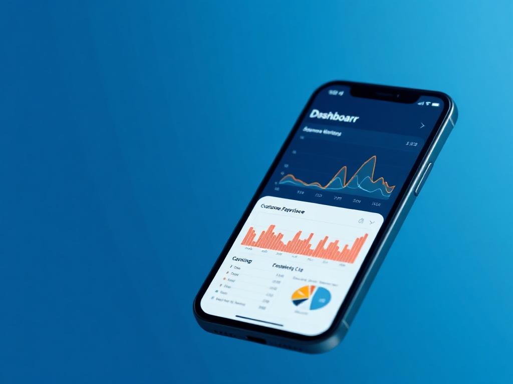 A hyper-realistic close-up shot of a mobile device displaying the Pulse Dashboard interface. The dashboard shows vibrant graphs and metrics related to customer experience. The background is a simple gradient in navy and light-blue, enhancing the focus on the mobile device. The overall composition is clean and modern, with a rounded frame around the device. The image captures the essence of user engagement with AI insights.