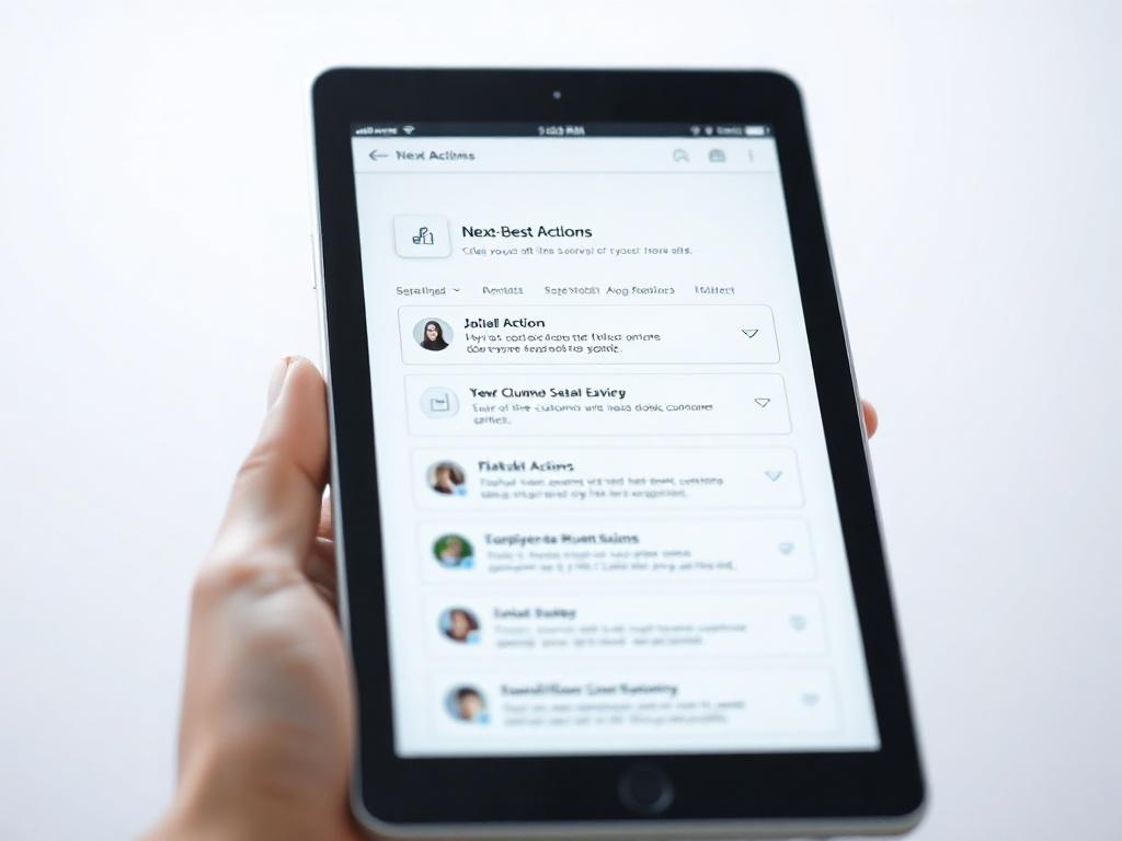 A hyper-realistic close-up of a tablet showing the Next-Best Actions feature. The interface displays suggested actions based on customer data, with icons and buttons for user interaction. The background features a gradient blend of white and light-blue, creating a fresh and inviting look. The tablet is framed with soft edges, focusing on the ease of navigation within the app. This image represents the proactive approach to customer engagement.