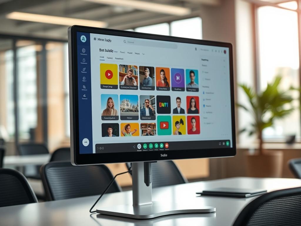 A hyper-realistic close-up shot of a modern computer screen displaying the user interface of the Messaging Studio bot builder. The screen shows a vibrant drag-and-drop interface with colorful icons representing images, videos, and interactive buttons. The background features a sleek, contemporary office environment with natural lighting, emphasizing a tech-savvy atmosphere.