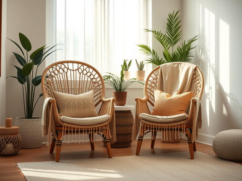A peaceful and inviting therapy room featuring two empty boho-style chairs. The chairs are intricately designed with soft, natural fabrics and warm colors. The background should include soft lighting and a serene atmosphere, with plants and calming decor elements that enhance the space. The overall composition should create a sense of tranquility and openness, inviting individuals to relax and engage in therapy.