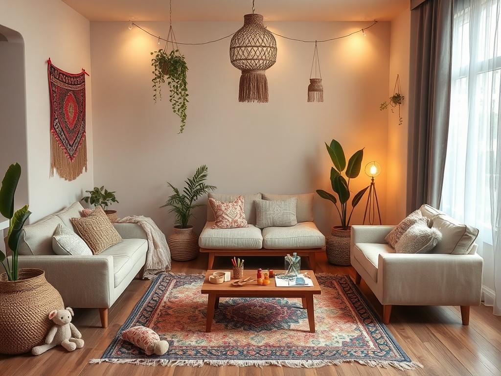 A serene therapy room designed for children and teens, featuring soft, cozy seating, warm lighting, and bohemian decor elements like colorful rugs and hanging plants. The space is inviting, with a calm atmosphere, encouraging creativity and relaxation. There are art supplies neatly arranged on a low table, and a few plush toys scattered around. The overall tone is warm and welcoming, promoting a sense of safety and comfort for young clients.