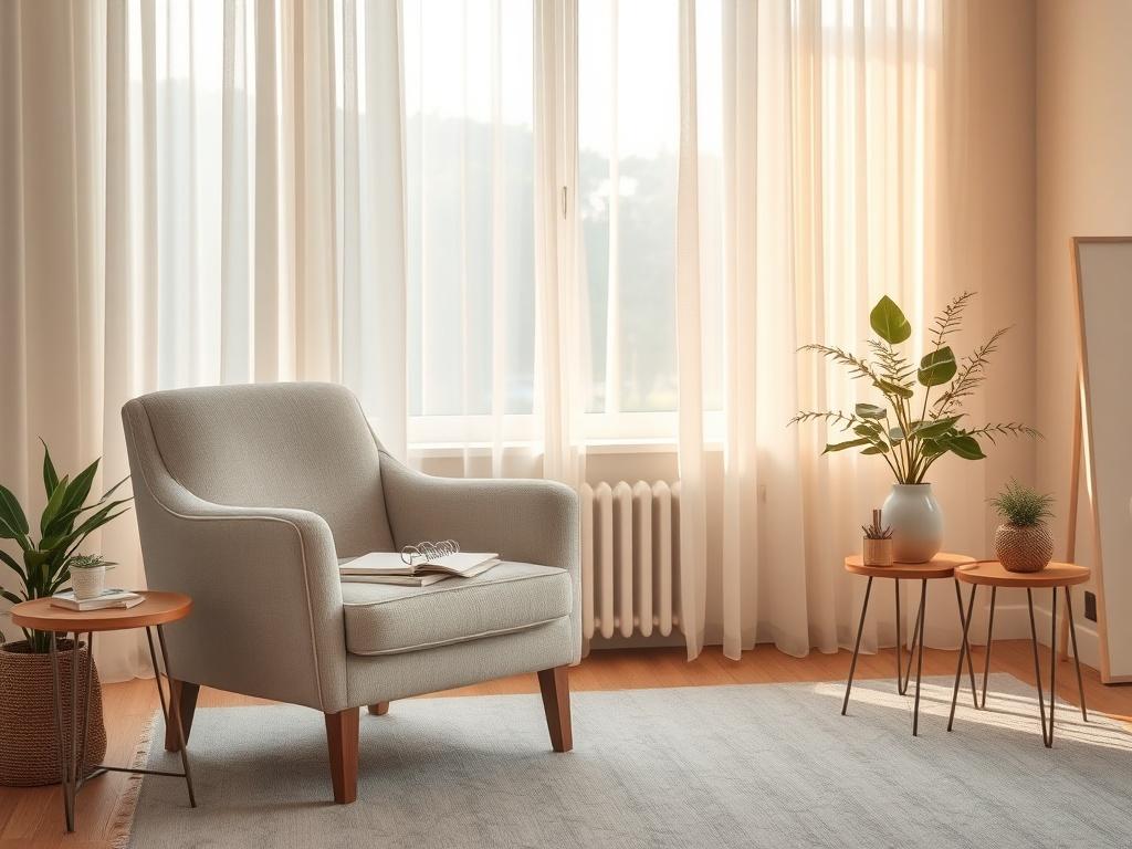 A serene therapy room with a comfortable armchair, soft lighting,