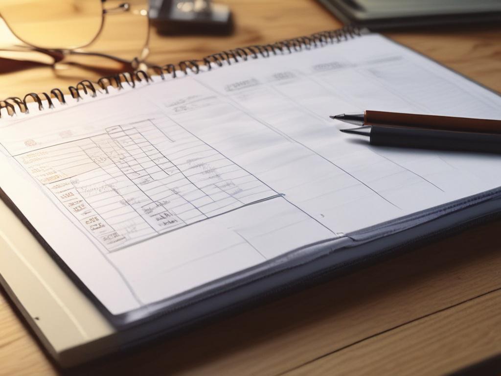 realistic close up of a budget planner on a wooden