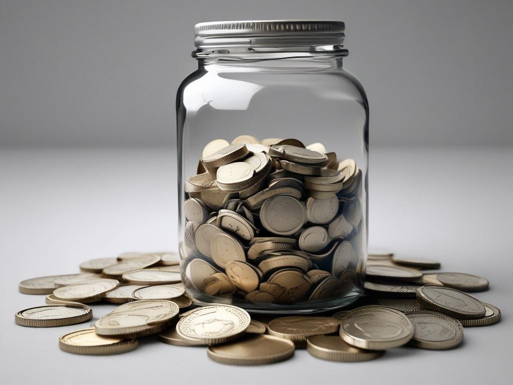 Create a highly detailed, realistic high-resolution photo focusing on a single subject: a clear glass jar filled with a mix of coins and banknotes. This jar should represent the concept of both an emergency fund and a rainy day fund. The composition should feature the jar prominently in the center of the frame, illuminated by soft, natural light to highlight the textures of the coins and banknotes inside. 

In the background, include a softly blurred wooden table to evoke a sense of stability and warmth, wh