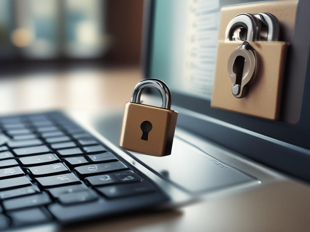A close-up shot of a secure digital lock on a laptop keyboard, with a soft focus background. The lock symbolizes data security and financial control, rendered in high-resolution, hyper-realistic style, using rgb(50, 170, 39) as the primary color.