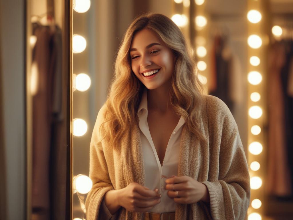 a confident woman trying on stylish outfits in front of