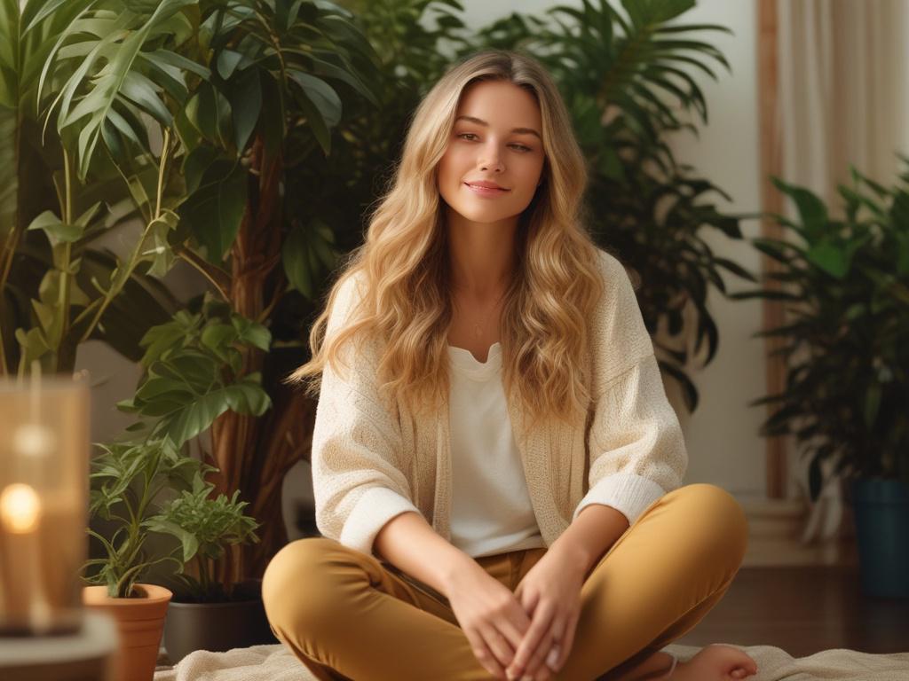 A serene woman sitting in a cozy, softly lit room,