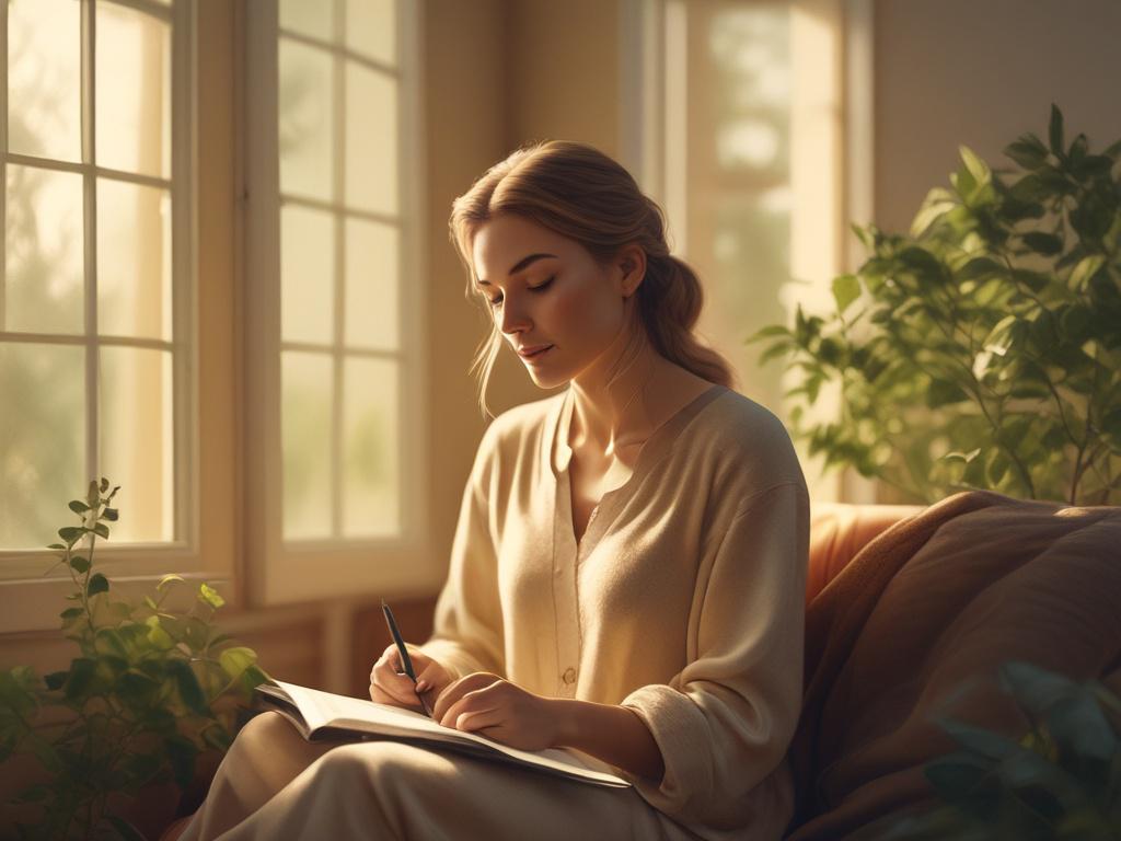 A serene woman sitting peacefully in a cozy, softly lit