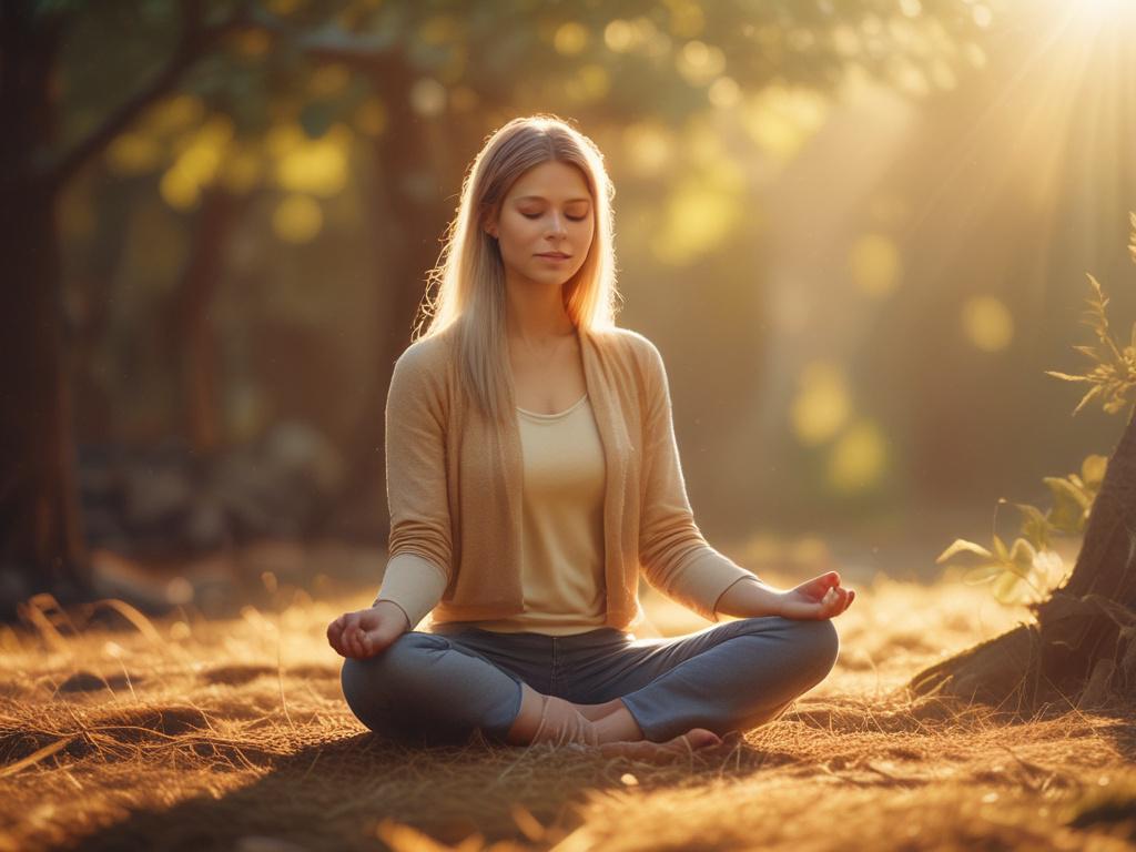 a serene woman meditating outdoors, surrounded by nature, soft golden
