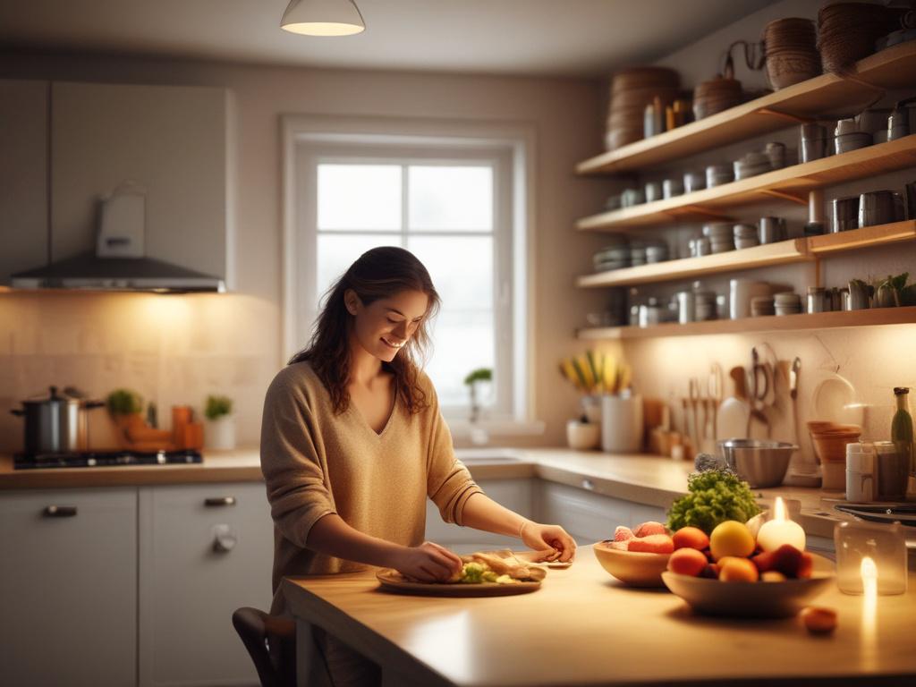 a woman happily preparing a healthy meal in a bright