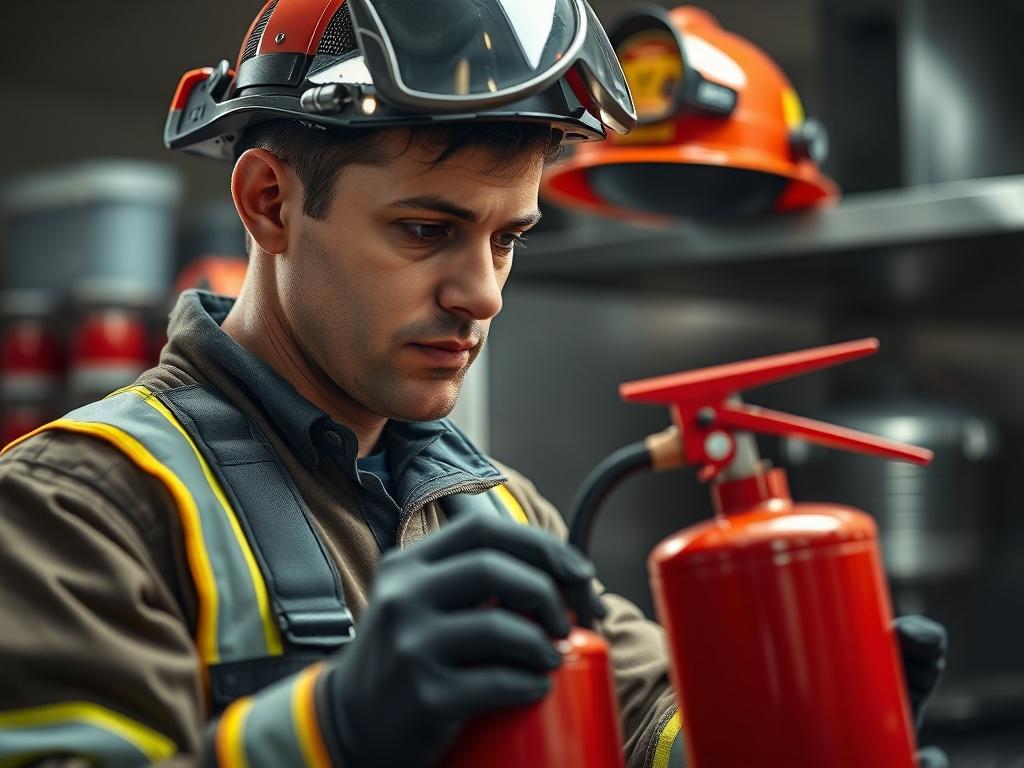 A close up shot of a fire safety technician inspecting