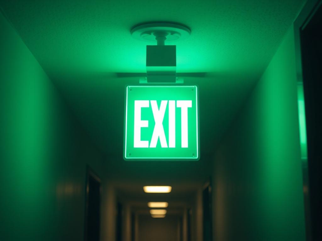A high-resolution close-up shot of an emergency exit light glowing brightly in a dimly lit hallway. The light should be clearly visible, showcasing its bright and clear illumination. The background should be softly blurred, emphasizing the exit sign and its importance in an emergency situation. The colors should be vibrant, with the green hue of the light contrasting against the darker surroundings. The image should capture the essence of safety and reliability, shot with a 45mm f/1.2 lens.