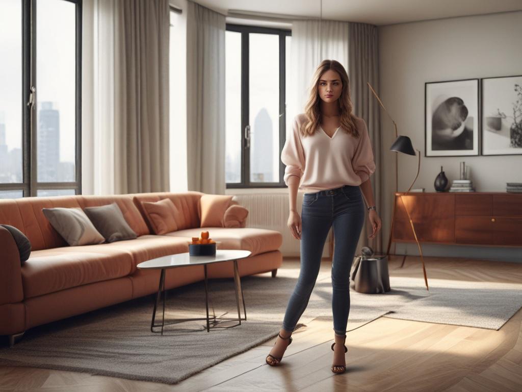 A stunning young woman standing confidently in a stylish, modern