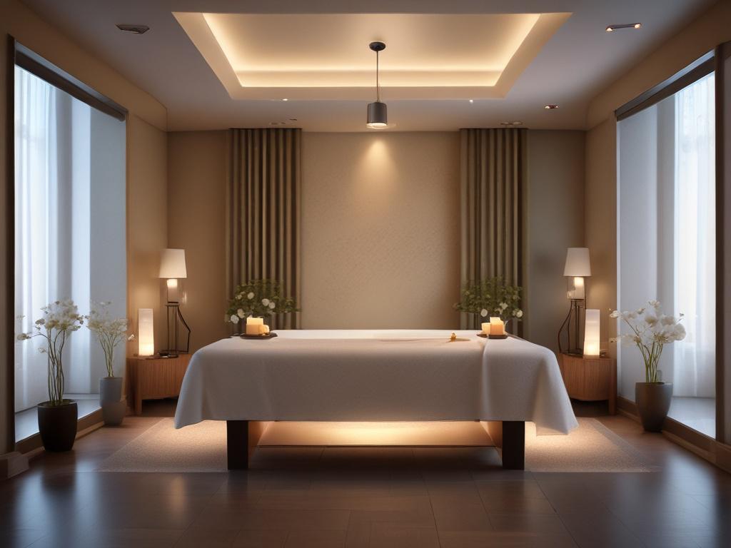 A serene and calming spa environment featuring a massage table