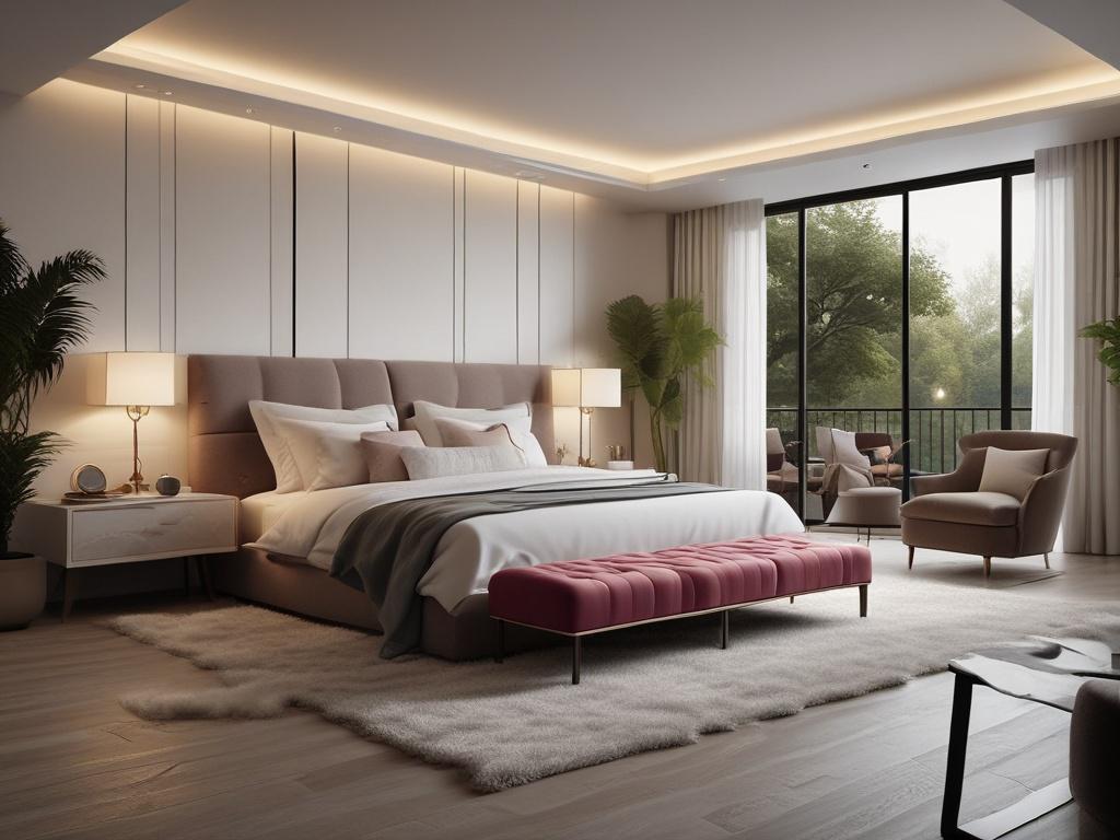 A luxurious bedroom setting featuring soft, ambient lighting, plush bedding,
