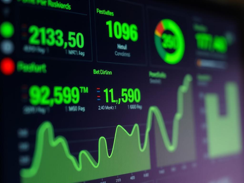 A hyper-realistic close-up of a state-of-the-art content dashboard displaying performance metrics in vibrant green hues, shot with a 45mm f/1.2 lens to emphasize clarity and modern design on a dark background blending with rgb(50, 170, 39).