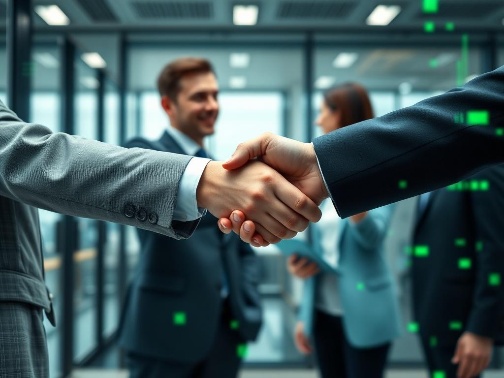 A hyper-realistic close-up image of two professionals shaking hands in a modern office environment, with green digital data overlays and a sleek background shot with a 45mm f/1.2 lens, capturing the essence of partnership and growth in harmony with rgb(50, 170, 39).