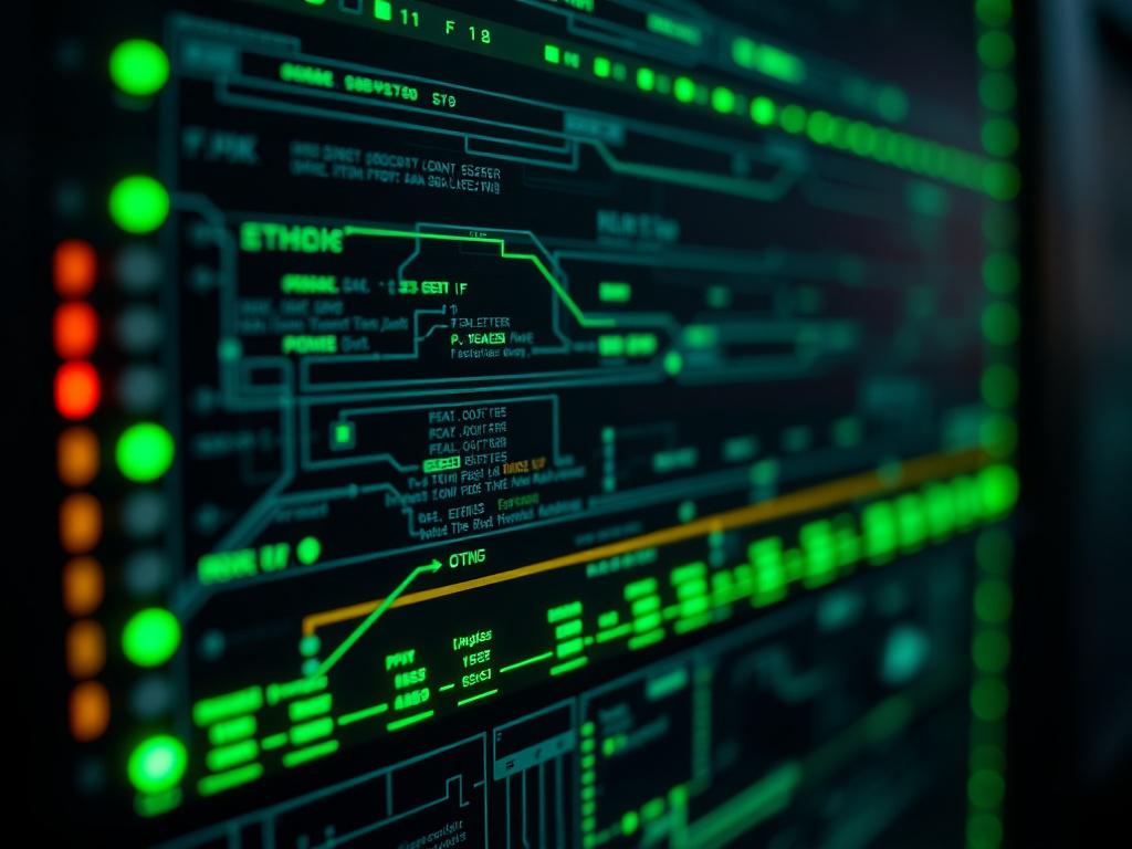 A hyper-realistic close-up shot of a modern digital network interface with glowing green accents, captured with a 45mm f/1.2 lens, highlighting intricate connections and data flow against a dark, sleek background that complements the rgb(50, 170, 39) primary color.
