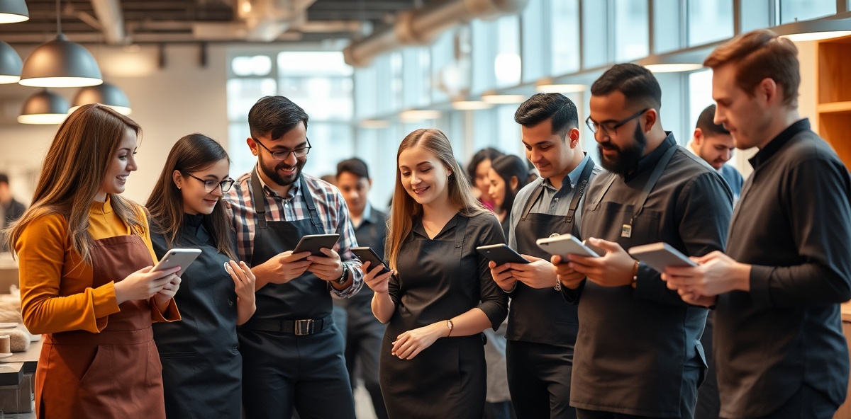 Diverse professionals collaborating with mobile devices