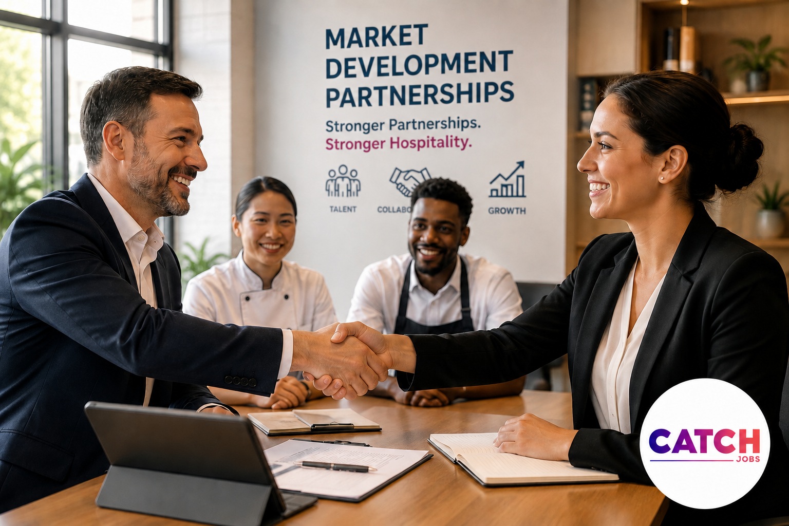 International business partners collaborating on market development strategy
