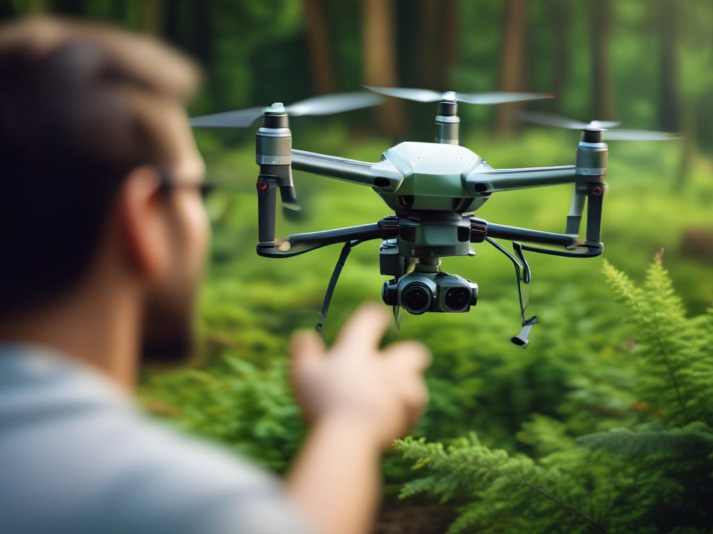 **AI Image Generation Prompt:**

Create a highly detailed, realistic high-resolution photograph showcasing a drone in action over a lush, green forest landscape. The scene should focus on a single drone equipped with geospatial mapping technology, capturing aerial imagery of the forest below. The drone should be depicted at mid-flight, hovering gracefully above a variety of tree species, with a clear view of the forest’s diverse topography, including hills, valleys, and patches of sunlight filtering through