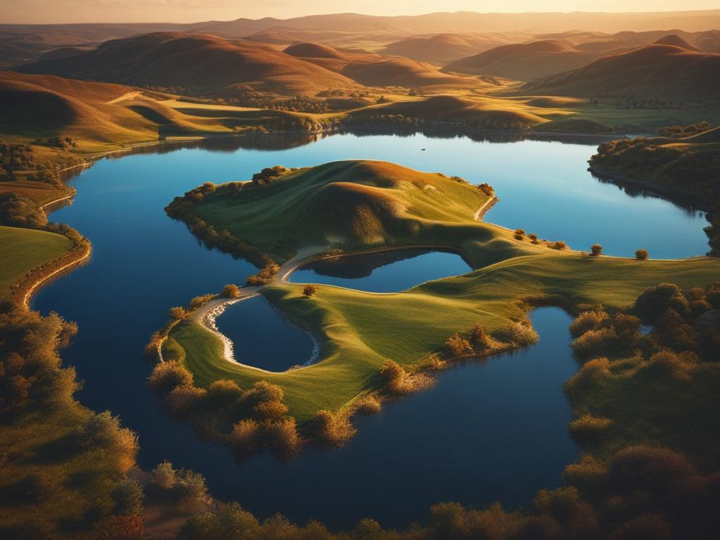 A breathtaking aerial shot captured with a 45mm f/1.2 lens, showcasing a vibrant landscape with rolling hills and a serene lake. The image focuses on the reflective surface of the water, surrounded by lush greenery and dramatic cloud formations overhead. The composition is clear and simple, emphasizing the natural beauty of the scene, with high-resolution detail that brings the colors to life. The overall tone is calm and inviting, perfect for showcasing the artistry of drone photography.
